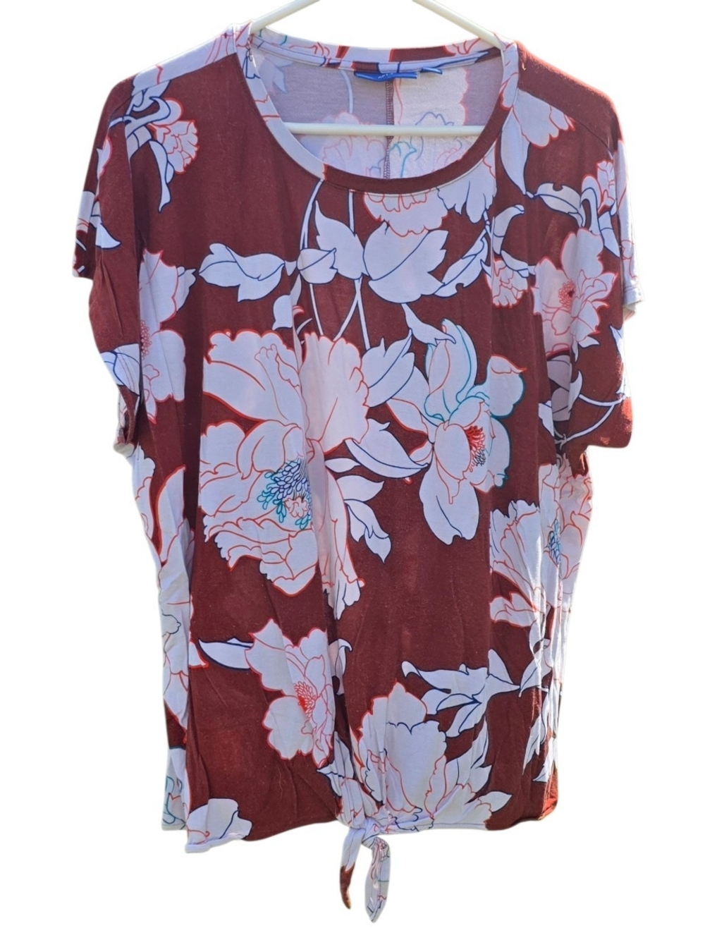 Apt. 9 Floral Front Tie Hem Short Sleeve Top Maroon Rust Brown XL